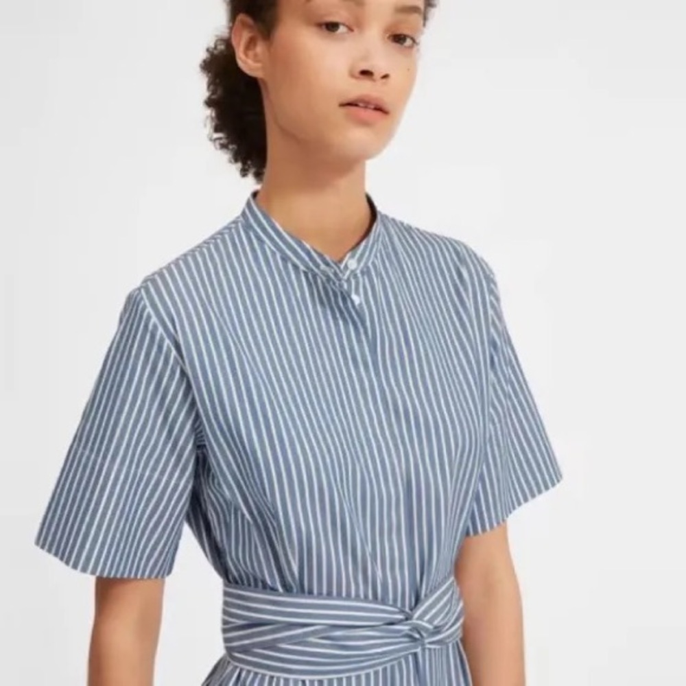 Everlane Collarless Belted Shirt Dress in Blue Stripe